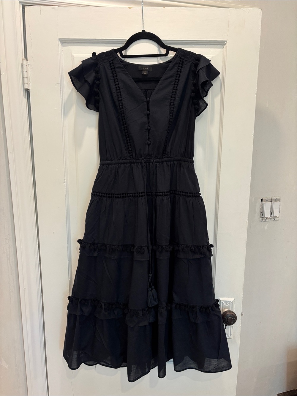 J. Crew Black Tiered Ruffle Midi Dress